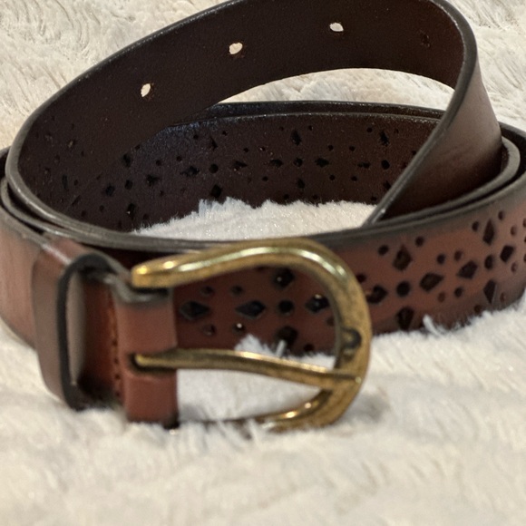 Brown Genuine Leather Laser Cutout Belt Womens M Single Prong Buckle Boho Retro - Picture 2 of 7